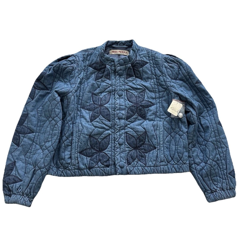 Free People Quinn Quilted Jacket Size S Crop Indigo Denim Patchwork Granny Blue